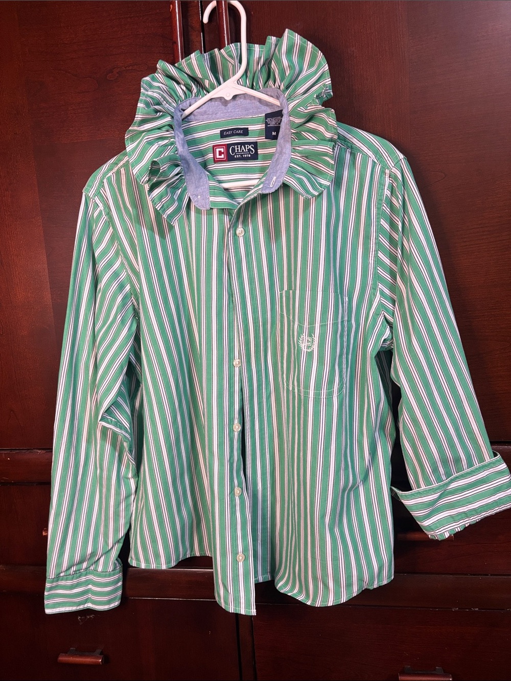 Upcycled/Reloved Chaps Green/ White Striped Ruffled Collar Shirt